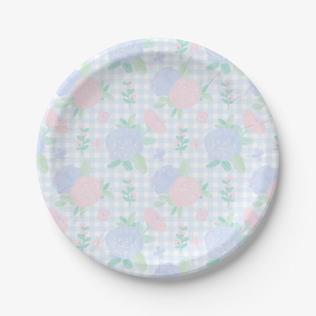 Prato De Papel Preppy Watercolor Floral Gingham Birthday (Frente)