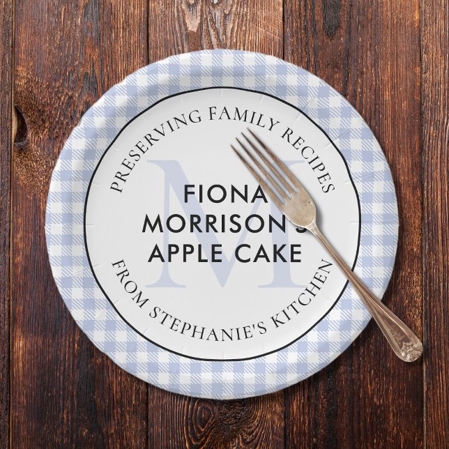 Prato De Papel Preservação de receitas familiares Periwinkle Blue (Periwinkle Blue Checkered Gingham Paper Plate Monogram Preserving Family Recipes)