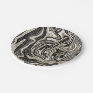 Prato De Papel Preto Branco e Dourado Chic Swirl Casamento Modern