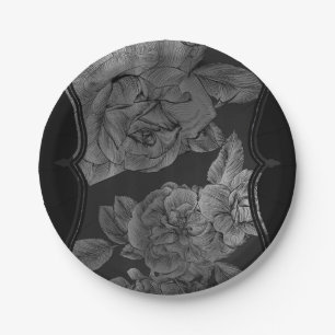 Prato De Papel Preto Cinza Prata Vintage Floral Elegante Glamouro