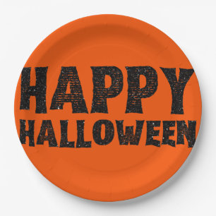 Prato de Papel Preto com Brilho Feliz Halloween