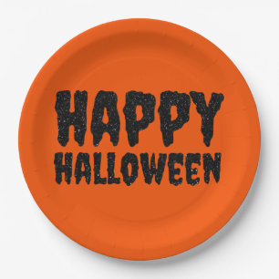 Prato de Papel Preto com Brilho Feliz Halloween