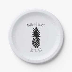 Prato De Papel Preto e Branco Abacaxi Tropical Elegante Chique