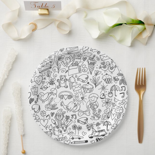 Prato De Papel Preto e Branco Doodle Fofo (Casamento)