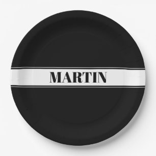 Prato De Papel Preto e Branco Faixa com Nome Personalizado