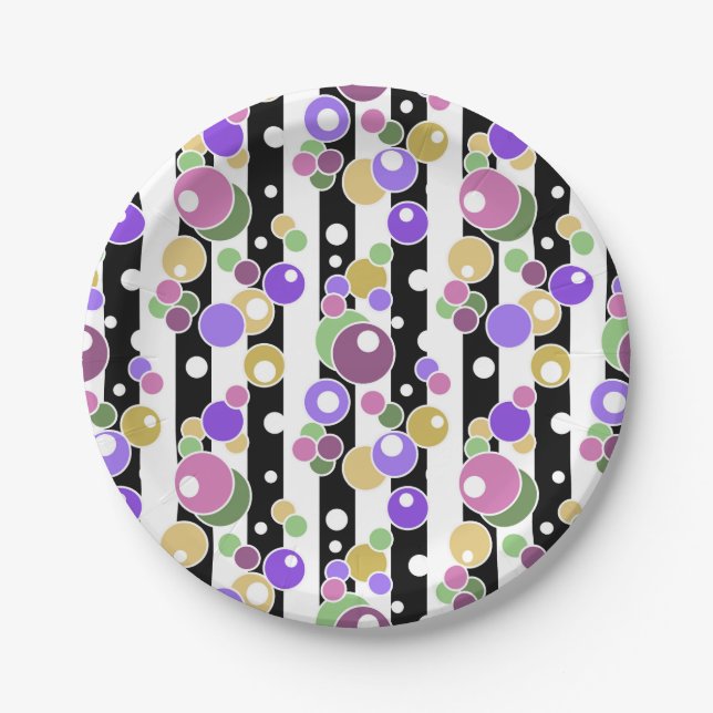 Prato De Papel preto e branco, padrão listrado, bolinhas (Frente)