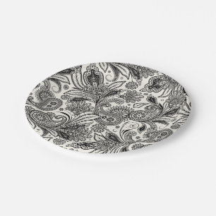 Prato De Papel Preto e branco paisley