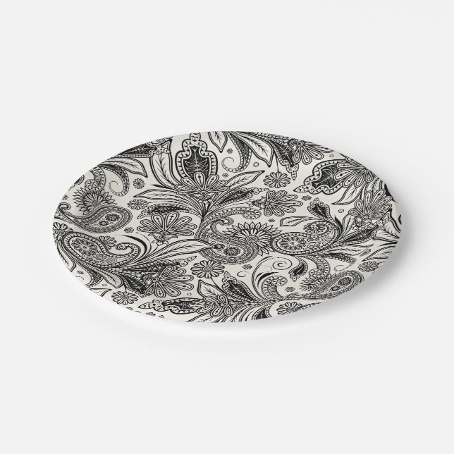 Prato De Papel Preto e branco paisley (Inclinado)
