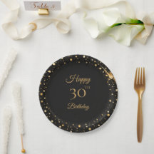 Prato de papel preto e dourado para 30º aniversári