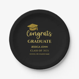 Prato De Papel Preto e Dourado Parabéns Graduado Formatura