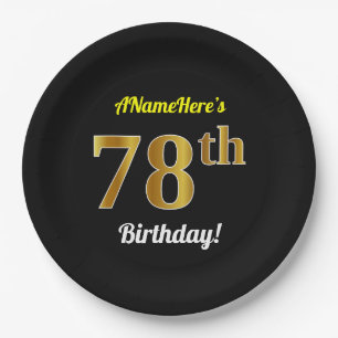 Prato De Papel Preto, Faux Dourado 78º aniversário + Nome persona