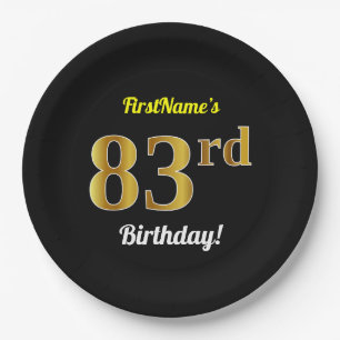 Prato De Papel Preto, Faux Dourado 83º Aniversário + Nome Persona