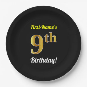 Prato De Papel Preto, Faux Dourado 9º Aniversário + Nome Person