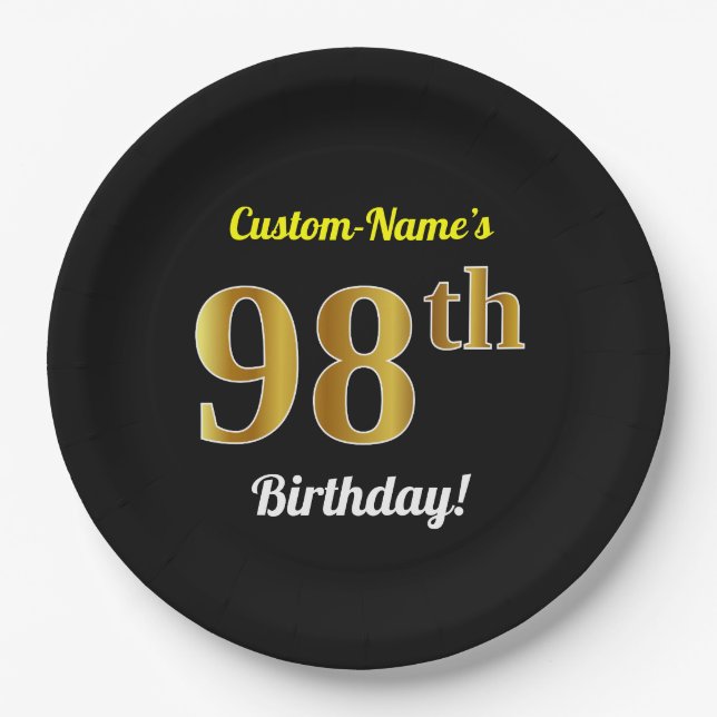 Prato De Papel Preto, Faux Dourado 98º aniversário + Nome Persona (Frente)