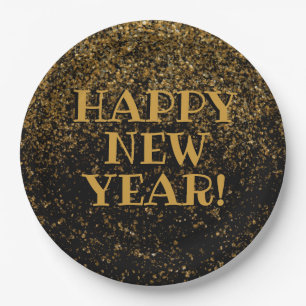 Prato De Papel Preto Festivo e Feliz ano novo brilhante Dourado