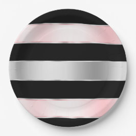Prato De Papel Preto Glam Prata Brilho Rosa Fita Aniversário
