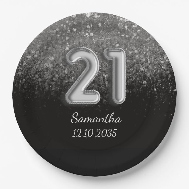 Prato De Papel Preto Moderno Brilho Prata Faísca 21 Aniversário   (Frente)