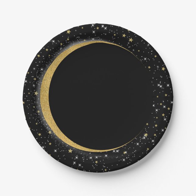 Prato De Papel Preto & Ouro Celestial Lua Estrelas Magia Lunar (Frente)