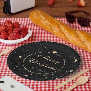 Prato De Papel Preto personalizado e Dourado Natal estrelado