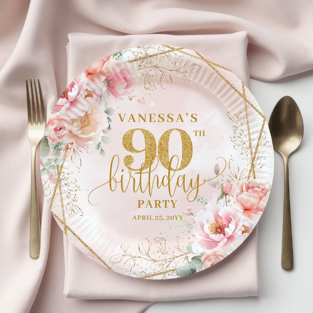 Prato De Papel Pretty Blush Floral Gold Frame 90th Birthday Party (Pretty Blush Floral Gold Frame 90th Birthday Party Plate)