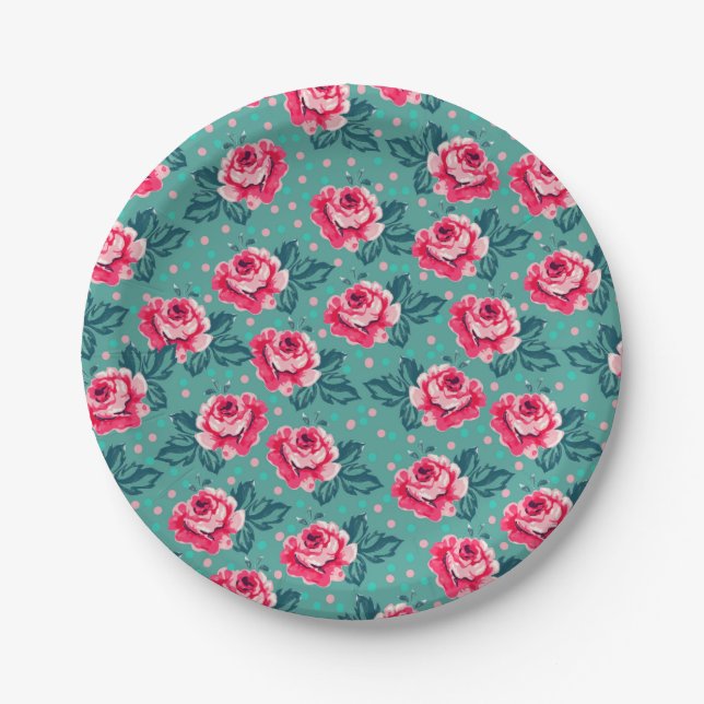 Prato De Papel Pretty Pink Roses and Polka Dot Pattern on Teal (Frente)