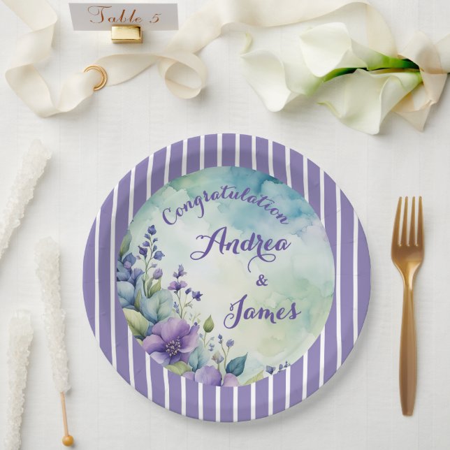 Prato De Papel Pretty Stripped Lavender and Floral (Casamento)