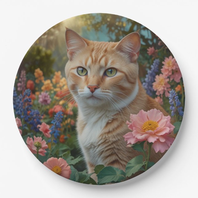 Prato De Papel Pretty white orange cat in floral garden (Frente)