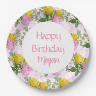 Prato De Papel PrettyPink Rosas Amarelas Feliz Aniversário Floral