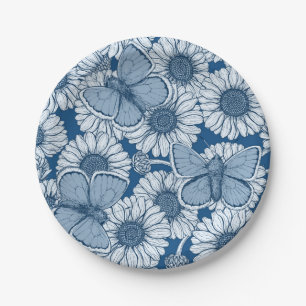 Prato De Papel Primavera azul, flores silvestres, margaridas