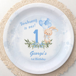 Prato De Papel Primavera de primeiro aniversario azul coelho fino