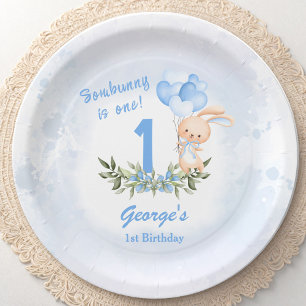 Prato De Papel Primavera de primeiro aniversario azul coelho fino