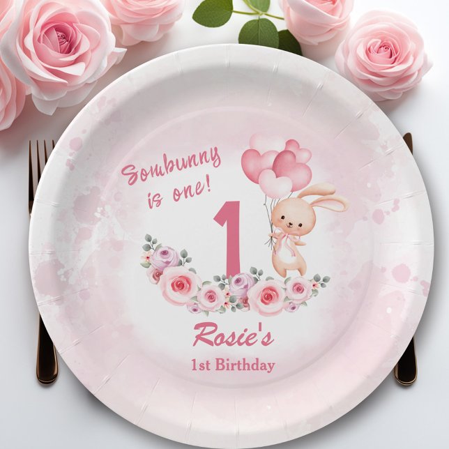 Prato De Papel Primavera Floral de primeiro aniversario Rosa Boni (Cute Bunny Pink 1st Birthday Girl Floral Spring Paper Plates)