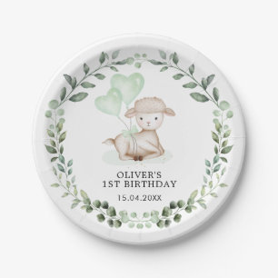 Prato De Papel Primavera Greenery Baby Lamb Party