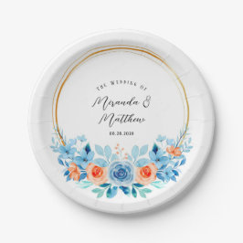 Prato De Papel Primavera Watercolor Blue Orange Florals Dourado C
