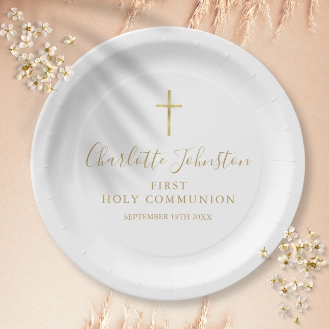 Prato De Papel Primeira Comunhão Assinatura Dourada Script (First Holy Communion Golden Signature Script Paper Plates)