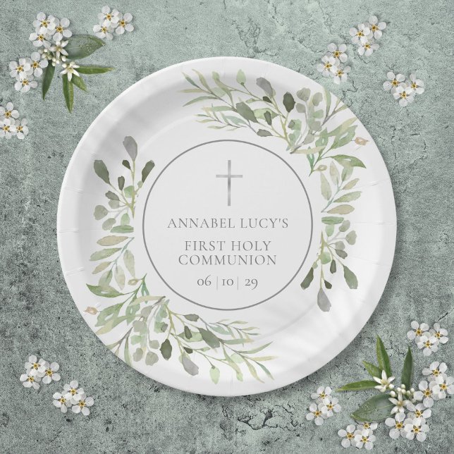 Prato De Papel Primeira Comunhão com Vegetação em Aquarela (Watercolor Greenery First Holy Communion Paper Plates)
