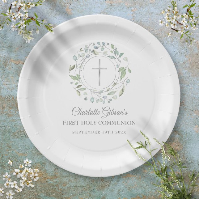 Prato De Papel Primeira Comunhão Cruz Prateada Folhagem (First Holy Communion Silver Cross Greenery Paper Plates)