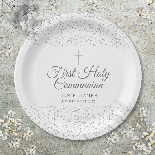 Prato De Papel Primeira Comunhão de Prata Moderna (First Holy Communion Modern Silver Stardust Paper Plates)