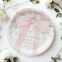 Primeira Comunhão Elegante Floral Laço Rosa Bege
