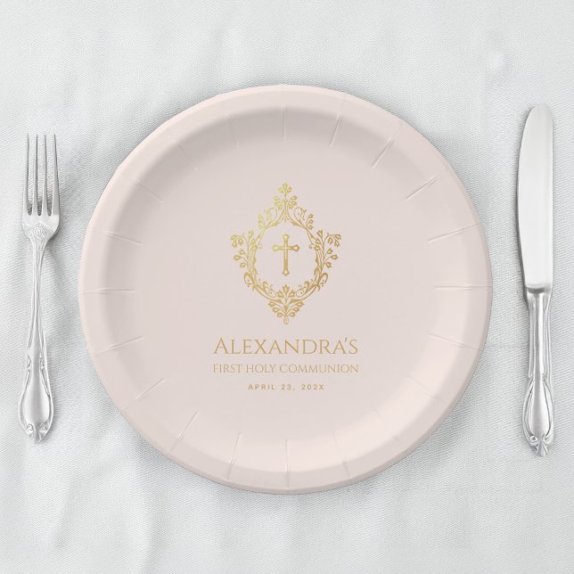 Prato De Papel Primeira Comunhão Menina Rosa Brasão Falso Dourado (Criador carregado)