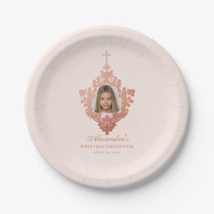 Prato De Papel Primeira Comunhão Rosa Bege Rosa Dourado Menina Fo