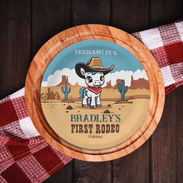 Prato De Papel Primeira festa de aniversário de cavalo de cowboy  (First rodeo birthday party tableware cowboys western themed birthday personalized plates cute horse)