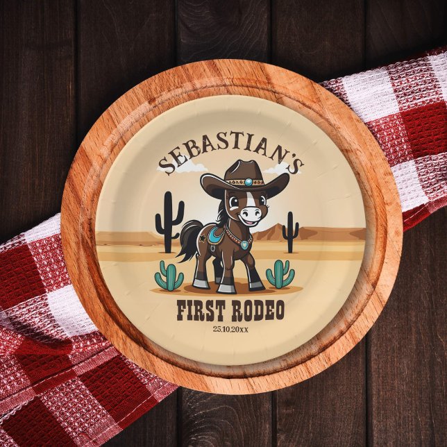 Prato De Papel Primeira festa de aniversário de cowboy fofa Rodeo (First rodeo western birthday party tableware personalized plates cute cowboy baby horse Arizona)