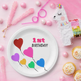 Prato De Papel Primeira Menina de Aniversário Coração Colorido QU