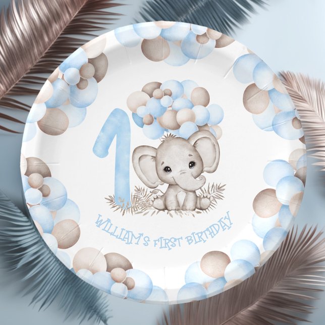 Prato De Papel Primeiras placas de papel de elefante de menino bo (First Birthday Boy Cute Elephant Paper Plates)