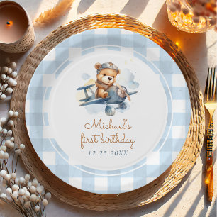 Prato De Papel Primeiro aniversario azul do urso de pelúcia do av
