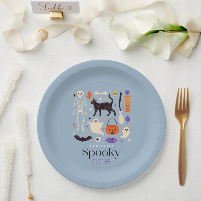 Prato De Papel Primeiro aniversario Azul Spooky One Halloween Mot (Casamento)