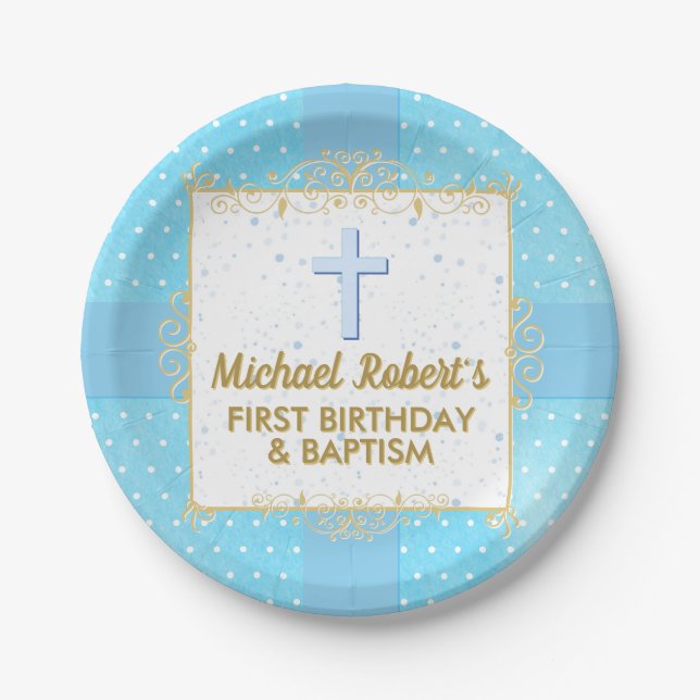 Prato De Papel Primeiro aniversario Batismo  Azul Bolinhas de Tex (Frente)