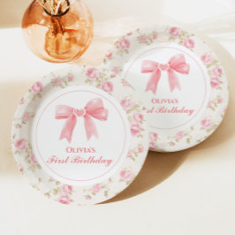 Prato De Papel Primeiro aniversario cor-de-rosa e Rosa coquetel