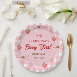 Prato De Papel Primeiro aniversário da Berry rosa xadrez de moran